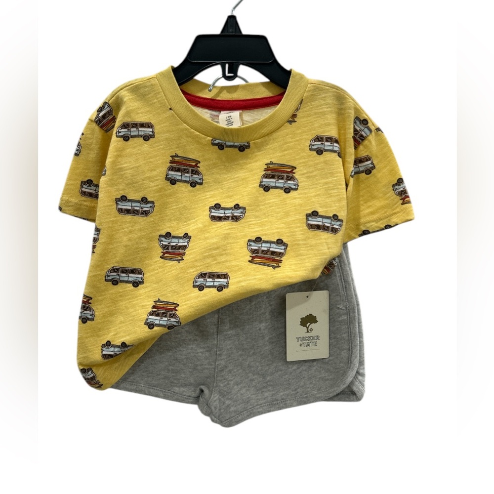Tucker + Tate Yellow Kids Shirt with Car Print plus Gray Shorts